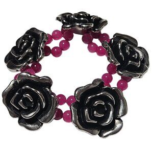 Vintage Silver Tone Carved Rose Pink Beaded Stretch Bracelet Fashion Jewelry